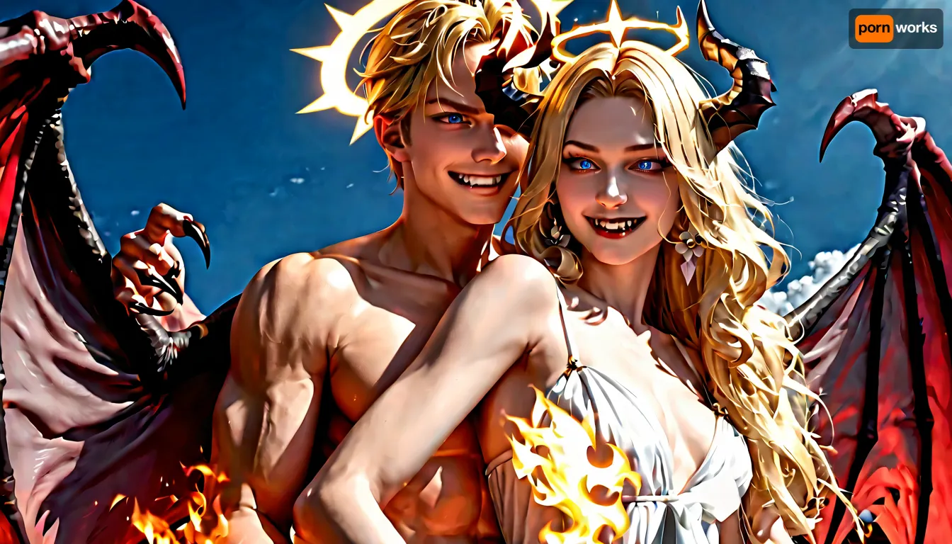 Two fantastic beings having sex, one, A NUDE female angel with large gray wings, delicate white gown, golden halo, glowing aura, fair skin, blonde hair, blue eyes, angelic face, seraphim or archangel appearance. The other one is a FULLY NUDE male demon with dark skin, black horns, sharp claws, fangs, red eyes, large bat-like wings unfolded behind him, demonic horns, smirking evil grin, fiery sky backdrop, epic fantasy artwork, highly detailed, dramatic lighting, cinematic pose, intense action scene, digital painting, ultra-realistic, 4k resolution, masterpiece work of art.
They are both having passionate sex in a dimly lit bedroom, the man is leaning over the woman, supporting his weight on his arms, while they are both fully naked. the woman have huge tits and is laying on her back with her legs wrapped around the man's hips. both individuals have very fit athletic bodies with defined muscles, the man is thrusting into the woman forcefully, while she moans and wraps her arms around his neck. their faces show expressions of pure ecstasy as they become one. intimate close-up, high-quality photorealism, soft ambient lighting, dramatic shadows, focus on the intimate connection between the couple, deep focus on genitals during intercourse, in the heat of passion, steamy sweatiness, wetness, realistic details, masterpiece, 8k resolution, film grain, bokeh effect, realistic skin texture, body details, natural hair, jewelry, eye contact, flirty glancest, both having orgasm