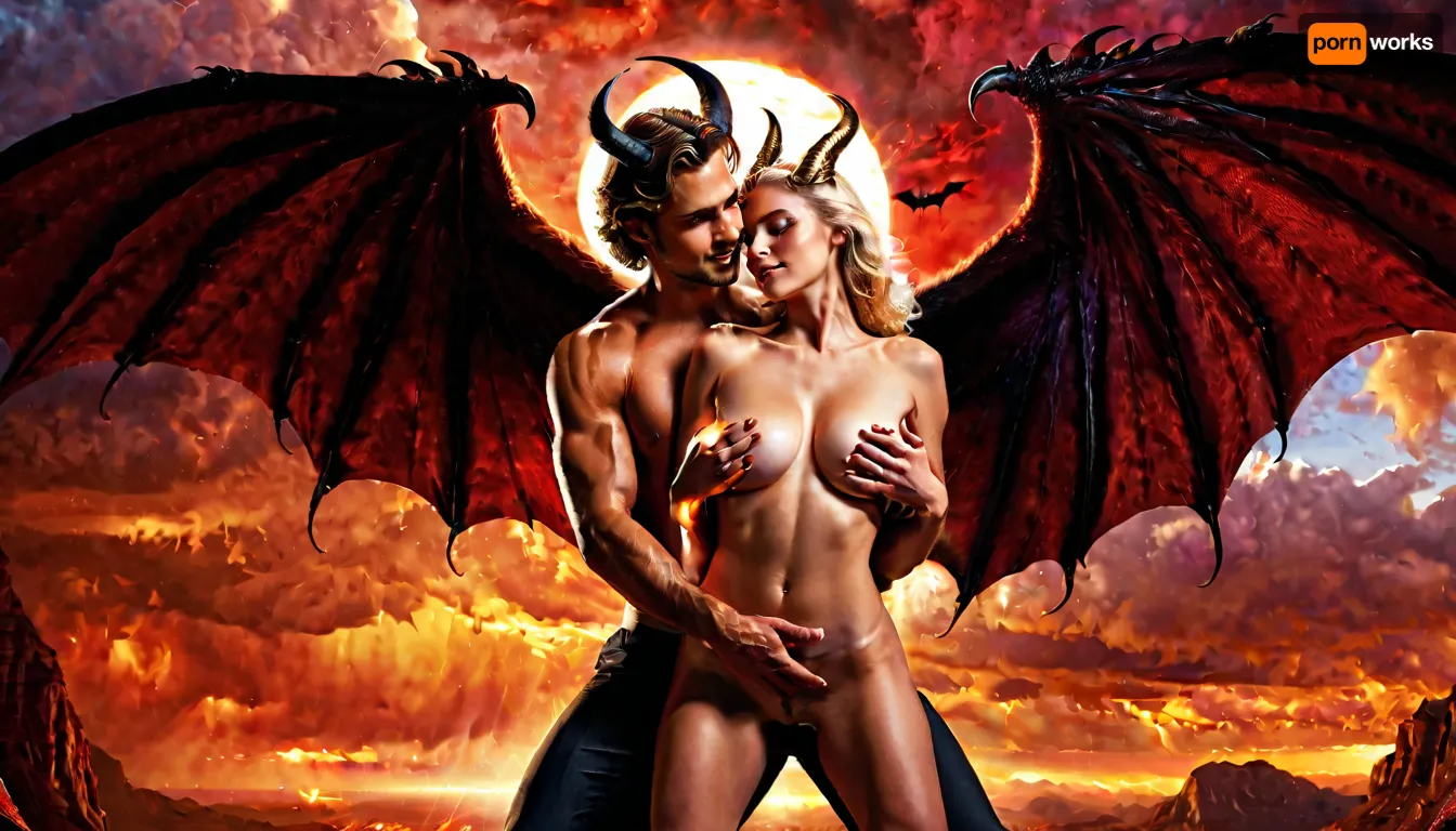 Two fantastic beings having sex, one, A NUDE female angel with large gray wings, delicate white gown, golden halo, glowing aura, fair skin, blonde hair, blue eyes, extrahuge tits, angelic face, seraphim or archangel appearance. The other one is a FULLY NUDE male demon with dark skin, black horns, sharp claws, fangs, red eyes, large bat-like wings unfolded behind him, demonic horns, smirking evil grin, fiery sky backdrop, epic fantasy artwork, highly detailed, dramatic lighting, cinematic pose, intense action scene, digital painting, ultra-realistic, 4k resolution, masterpiece work of art.
They are both having passionate sex in a dimly lit bedroom, the man is leaning over the woman, supporting his weight on his arms, while they are both fully naked. the woman have huge tits and is laying on her back with her legs wrapped around the man's hips. both individuals have very fit athletic bodies with defined muscles, the man is thrusting into the woman forcefully, while she moans and wraps her arms around his neck. their faces show expressions of pure ecstasy as they become one. intimate close-up, high-quality photorealism, soft ambient lighting, dramatic shadows, focus on the intimate connection between the couple, deep focus on genitals during intercourse, in the heat of passion, steamy sweatiness, wetness, realistic details, masterpiece, 8k resolution, film grain, bokeh effect, realistic skin texture, body details, natural hair, jewelry, eye contact, flirty glancest, both having orgasm