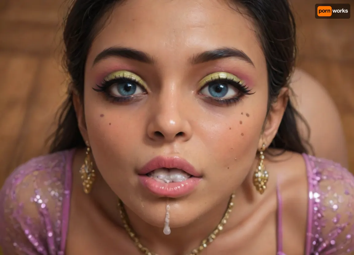 Indian sexy beautiful girl, (blue eyes:1.3), (high-quality facial detailing with long eyelashes and plump lips), (Indian face:1.9), ((makeup:1.8), long blue eyelashes, olive eyeshadow with glitter), (lips:1.2), open mouth, saliva, in a transparent tight-fitting sequined dress, (pink-purple areoles are visible, nipples with piercings), an exquisite necklace and gold bracelets, (purple anus stretched around dildo), mid ejaculation, (penetration), she has long hair tied up in a bun, (purple pussy:1.7), nipple ringsnipple, (purple puffy anus:1.5), nipple ringsnipple rings, pussy view, slit pussy, slender long legs with a high waist, fishnet stockings, green stilettos, seductive grins, dark skin., (cum in mouth:1.3), (heavy pussy piercing:1.4), There is a lot of cum on the pubic area of the anus, CHIBI, ((bimbo makeup, intense saturated glossy lipstick:1.5)), <lora:qban-nig:.8>