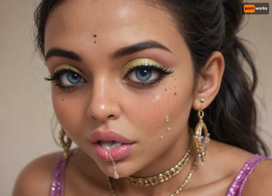 Indian sexy beautiful girl, (blue eyes:1.3), (high-quality facial detailing with long eyelashes and plump lips), (Indian face:1.9), ((makeup:1.8), long blue eyelashes, olive eyeshadow with glitter), (lips:1.2), open mouth, saliva, in a transparent tight-fitting sequined dress, (pink-purple areoles are visible, nipples with piercings), an exquisite necklace and gold bracelets, (purple anus stretched around dildo), mid ejaculation, (penetration), she has long hair tied up in a bun, (purple pussy:1.7), nipple ringsnipple, (purple puffy anus:1.5), nipple ringsnipple rings, pussy view, slit pussy, slender long legs with a high waist, fishnet stockings, green stilettos, seductive grins, dark skin., (cum in mouth:1.3), (heavy pussy piercing:1.4), There is a lot of cum on the pubic area of the anus, CHIBI, ((bimbo makeup, intense saturated glossy lipstick:1.5)), <lora:qban-nig:.8>