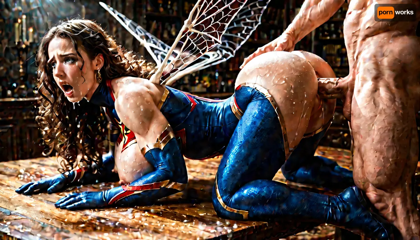 two MARVEL superheroes having rough sex with spider woman, both fully dressed with their uniforms, SHE From the bottom up, back arched, buttocks firm, large and tight, on her knees, enormous breasts on the table, nipples visible, hard, face of pain, tears, wasp body, fat vagina, releasing fluid, receiving a veiny and fat penis, both muscular, curly and long hair, HIM WITH WINGS ON HER BACK, EYES FULL OF LUST, DEEP FOCUS ON THE GENITALS, epic fantasy artwork, highly detailed, dramatic lighting, cinematic pose, intense action scene, digital painting, ultra-realistic, 4k resolution, masterpiece work of art.
