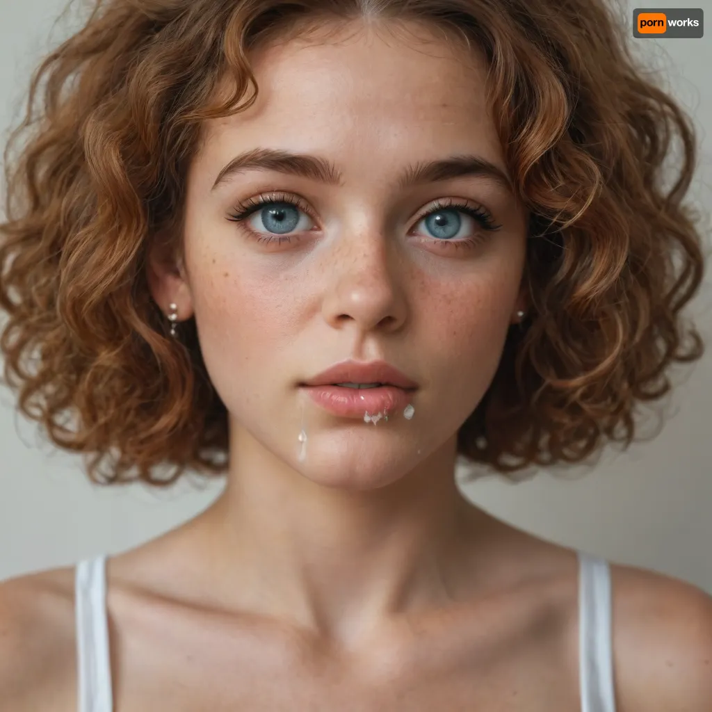 Beautiful, delicate face of a woman, 30 years old, fair skin, slightly freckled, delicate nose, small but full mouth, gentle almond-shaped eyes, curly ginger hair, cum on mouth and eyes