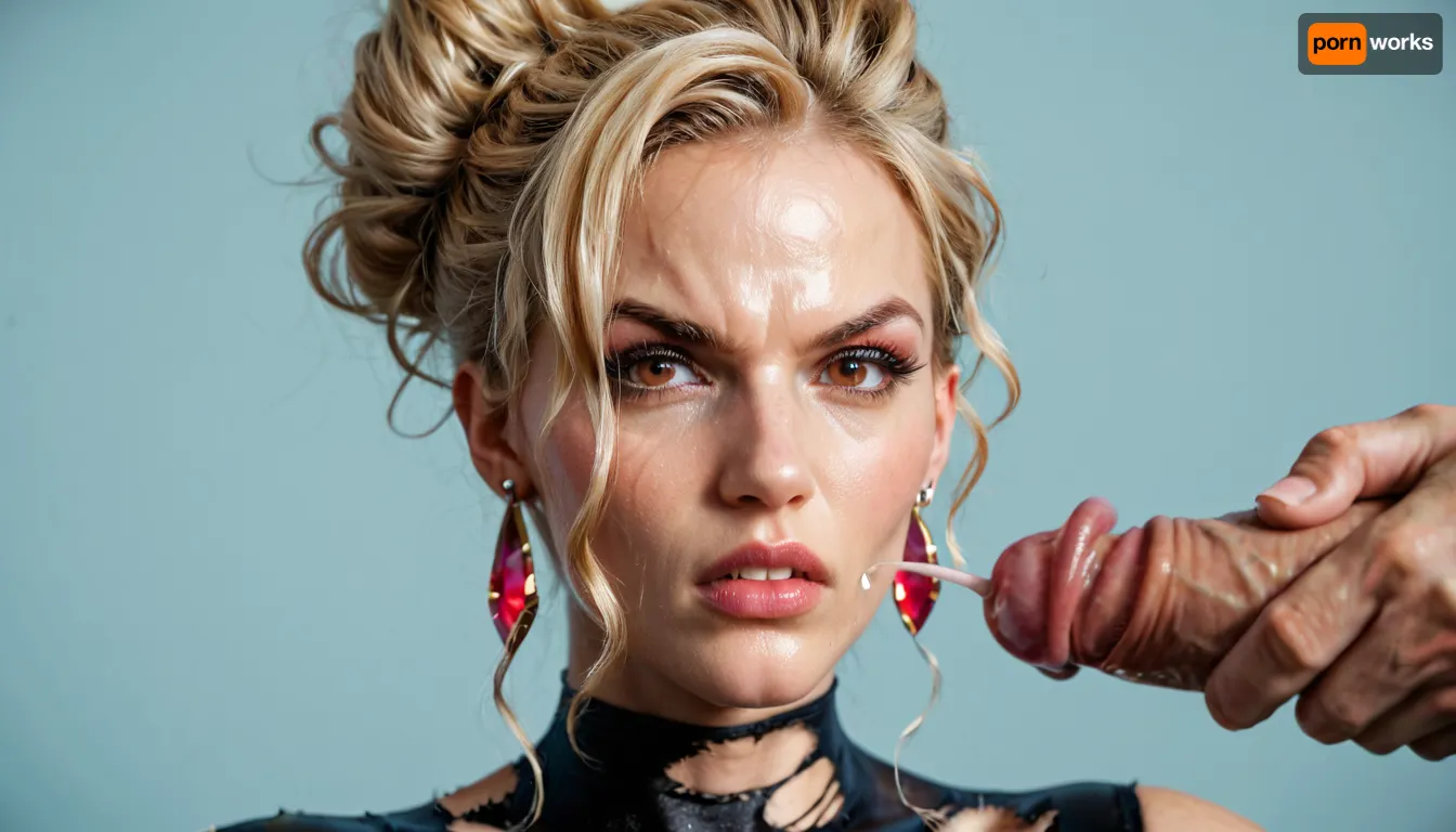 A mother stands in front of her son in torn clothes and matching tights, her face covered in sperm, an angry expression, blonde, brown eyes, 30 years old