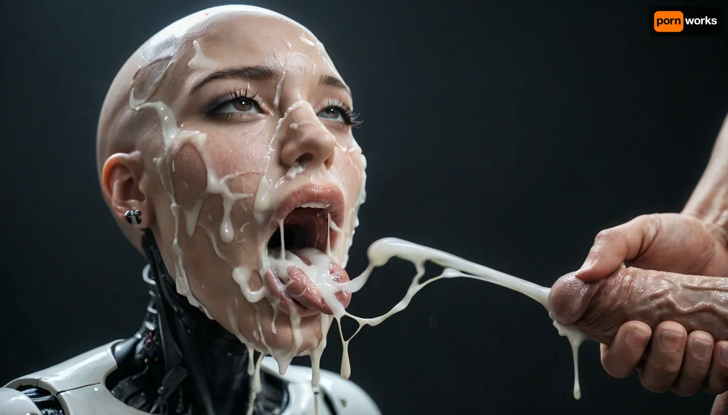 close-up, sexy robot doll, android, sexbot, bald robot cyberpunk, shiny chrome parts, cybernetic body, wide hips, thin waist, (massive breasts:1), dark eyes, vacant look, sexy, white male in front of female, masturbating, (ejaculation:1.3), gigantic 18 inch thick penis, huge erection., (gaping mouth:1.2), tongue sticking out, (realistic excessive thick runny cum all over her face and body), mouthfull of cum, excessive cum dripping out of her open mouth, nose full of cum, mouth full of cum, lots of very thick cum, loads of cum, woman, on, face, excessive bukkake, cum, facialized, superfacialized, black background, Allisfulloflove1024, ., <lora:Allisfulloflove1024:1.4>