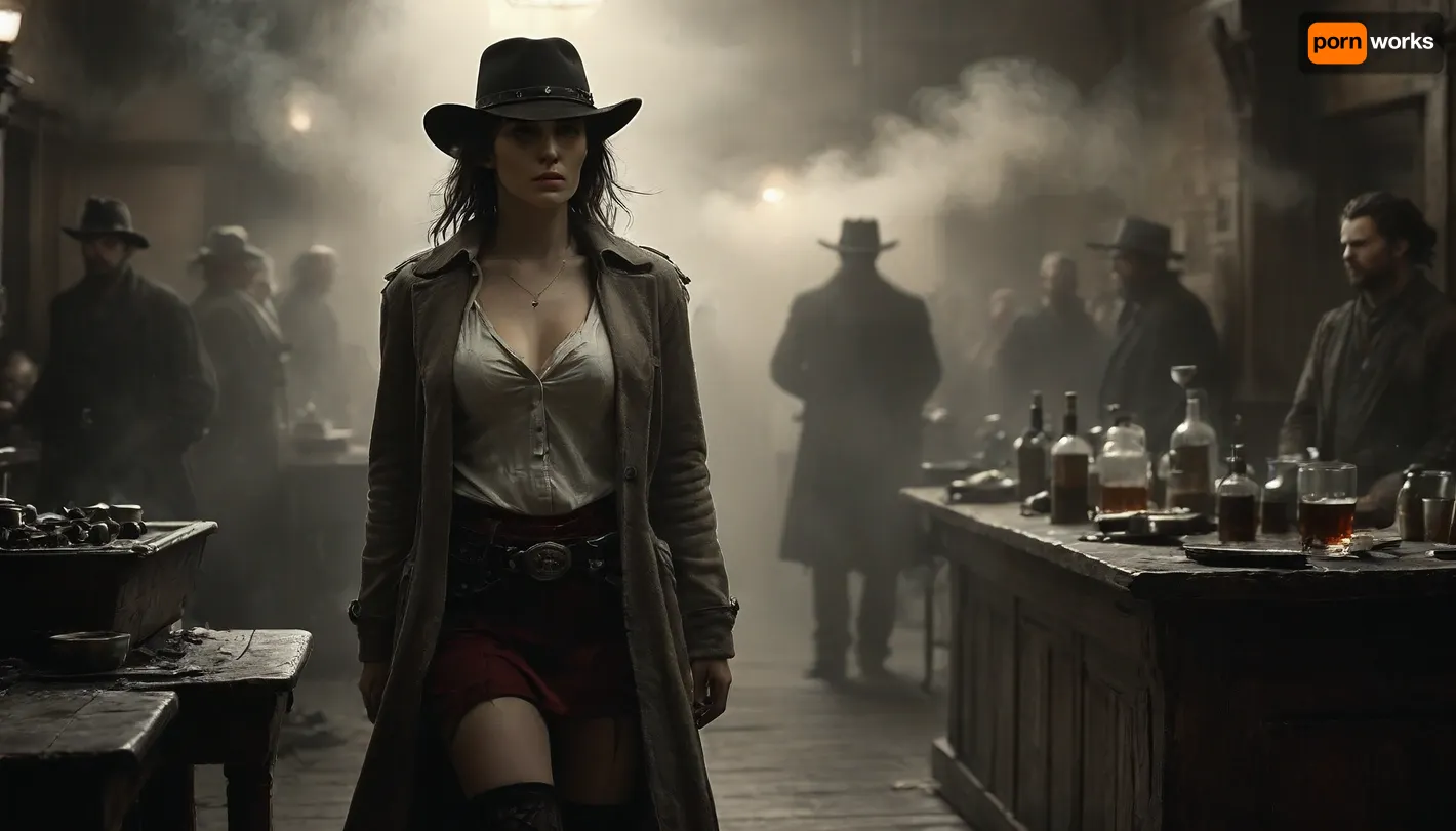 Monochrome, Wild West 1790, backside view of a super sexy athletic and flat-chested gunslinger stands drunk in a saloon with whiskey glass in one hand, she wears, (a long beige dirty used coat:1.3), underneath a white cotton rough men's shirt with buttons, (a dark red miniskirt:1.4), (black fishnet stockings:1.4), cowboy boots, (a cartridge belt with a pistol holder around her waist:1.4), her dusty black hat is pulled low over her face, perfect face, perfect hands, dangerous aura, leaning tipsy against the polished wooden bar of a smoky frontier saloon, (whiskey glass in one hand:1.3), warm golden lamplight, card tables and piano in the background, cowboys and gamblers glancing her way. Sawdust on the floor, haze of cigar smoke in the air, filled with dust and smoke, emphasizing a cinematic, dystopian cowboy atmosphere, art Style & Technique is a dirty old style, Ultra-realistic digital painting with cinematic depth of field. Highly detailed texturing on leather, skin, and hair, dramatic contrast lighting and warm dusty tones, a sharp foreground focus and a slightly blurred background to create depth, masterpiece, best quality, ultra-detailed, cinematic lighting, wild west, smoking weed, cannabis, Ultra-realistic Western art, highly detailed, cinematic moody lighting, tense but charismatic atmosphere., crowd, of, people, FRESHIDEAS, Real, Photography, 2#, Black, and, white, art, black, shading, charcoal, toned, brutal, dark, b/w, color, scheme, <lora:FRESHIDEAS Real Photography 2#:.8>, <lora:crowd_notrigger:.8>, <lora:MJ52:.8>, <lora:Black and white art.V1:1.9>