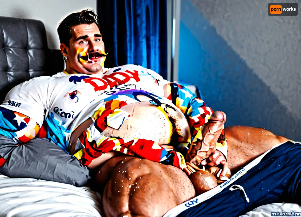 fat, obese, daddy, round belly, open white shirt, pulled down pants, masturbates, erect cock, huge, moustache, muscular, pecs, gay, painful face, large cock, long cock, huge balls, sweaty, wet, large belly, pumped nipples, thick, musclegut, smooth body, laying, extremely large balls, night, gigantic belly, hyper belly, bed, bedroom, at night, smile