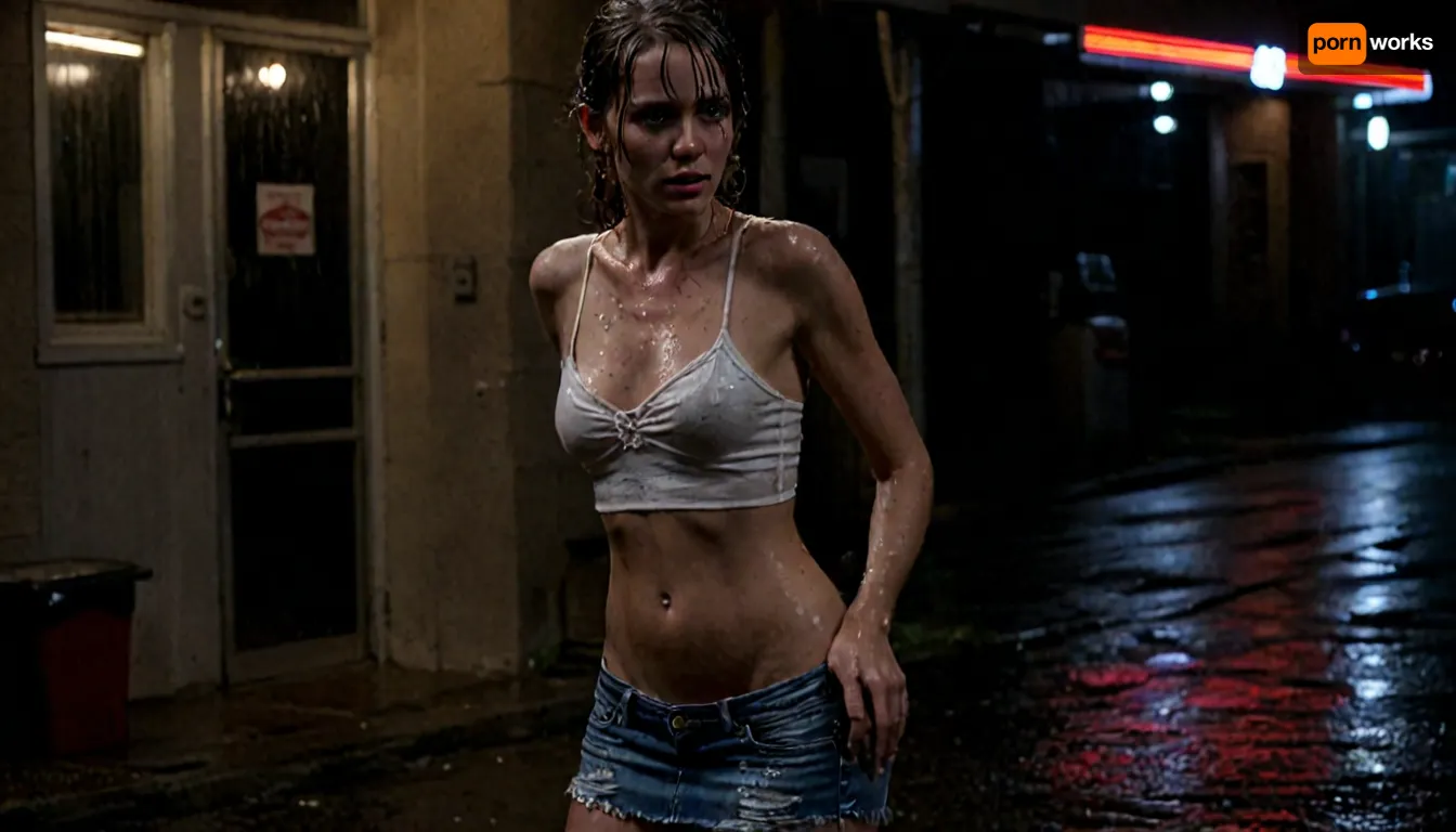 It's the weekend, Marie has been out partying and is now walking back to Motel alone, perfect wet face, face in focus, she's dressed up sexy, a wet jeans miniskirt, a wet tight-fitting white shirt with thin straps, and stiletto heels. Marie is athletic and very slim, almost skinny. Marie is very drunk, and unfortunately, it has started to rain heavily. Marie's sexy clothes are soaked and cling to her skin. Marie seeks shelter under a small awning and leans with her back against a wall, waiting for the monsoon rain to stop. She has a perfect expression. It's the middle of the night, neon signs reflect in puddles, cars drive by, kicking up water, everything is wet, 8k, high resolution, Marie in focus, <lora:add-detail-xl:.4>, <lora:LCMTurboMix_Euler_A_fix:.4>, <lora:607315_training_data:.2>, <lora:dark:.3>, <lora:photorealistic_portrait_notrigger:.8>