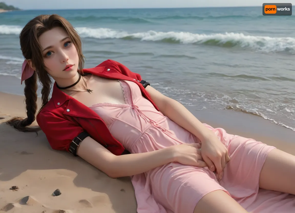 (Masterpice), (HD4K visual), (detailed background), 4K ultra-detailed image, HDR, enhancement, professional photography, precise anatomy, (perfect symmetry, 5 fingers per hand), realistic textures, maximum resolution, sharp focus, NSFW, picture, Aerith Gainsborough from Final Fantasy VII wearing a, ((long pink dress)), exhausted expression, athletic body, black and a short red jacket, hairy pussy, small breasts, perky pointed gumdrop nipples, wet clothes, laying down, legs spread, hard-core fingering herself, washed up on shore, wide shot, on a beach, waves in backgrownd, sunny, day time, sun beaming down, incase, style, ratatatat74, defaerith, braided, ponytail, hair, bow, pink, choker, necklace, cropped, jacket, red, short, sleeves, dress, long, altaerith, very, ribbons, drill, star, ballgown, bare, shoulders, strapless, plunging, neckline, <lora:287175_training_data:1.4>, <lora:ratatatat74-000050:1.4>, <lora:aerith-xl-nvwls-v1:1.4>, <lora:add-detail-xl:2>