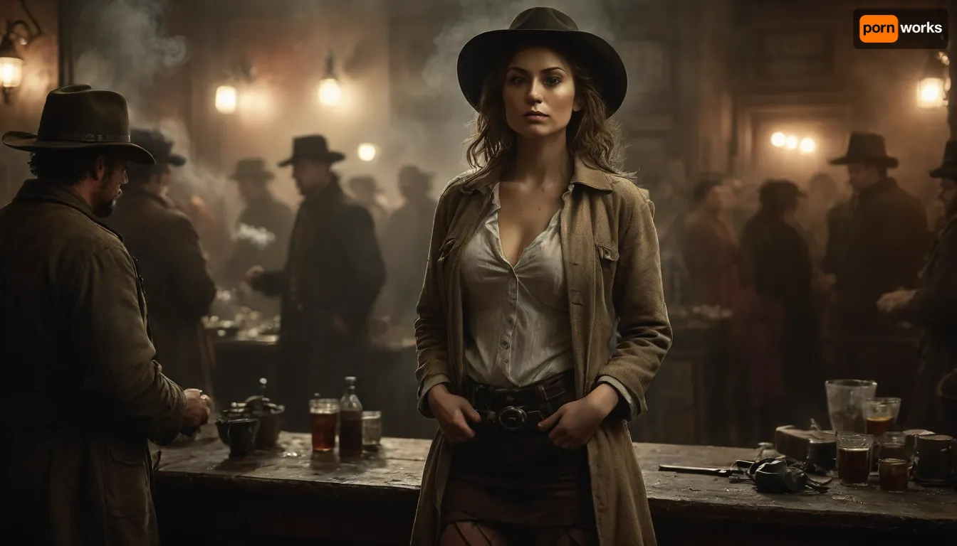 Monochrome, Wild West 1790, backside view of a super sexy athletic and flat-chested gunslinger stands drunk in a saloon with whiskey glass in one hand, she wears, (a long beige dirty used coat:1.3), underneath a white cotton rough men's shirt with buttons, (a dark red miniskirt:1.4), (black fishnet stockings:1.4), cowboy boots, (a cartridge belt with a pistol holder around her waist:1.4), her dusty black hat is pulled low over her face, perfect face, perfect hands, dangerous aura, leaning tipsy against the polished wooden bar of a smoky frontier saloon, (whiskey glass in one hand:1.3), warm golden lamplight, card tables and piano in the background, cowboys and gamblers glancing her way. Sawdust on the floor, haze of cigar smoke in the air, filled with dust and smoke, emphasizing a cinematic, dystopian cowboy atmosphere, art Style & Technique is a dirty old style, Ultra-realistic digital painting with cinematic depth of field. Highly detailed texturing on leather, skin, and hair, dramatic contrast lighting and warm dusty tones, a sharp foreground focus and a slightly blurred background to create depth, masterpiece, best quality, ultra-detailed, cinematic lighting, wild west, smoking weed, cannabis, Ultra-realistic Western art, highly detailed, cinematic moody lighting, tense but charismatic atmosphere., crowd, of, people, FRESHIDEAS, Real, Photography, 2#, Black, and, white, art, black, shading, charcoal, toned, brutal, dark, b/w, color, scheme, <lora:FRESHIDEAS Real Photography 2#:.8>, <lora:crowd_notrigger:.8>, <lora:MJ52:.8>, <lora:Black and white art.V1:1.9>