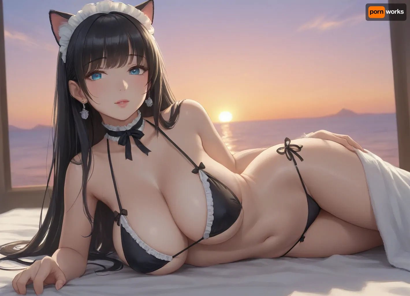 gorgeous woman with super huge tits, gigantic tits, 22 years old, mature, perfect body, super slim body, thin body, straight bangs, long hair, black hair, straight hair, cat ears, black bikini, maid bikini, frill bikini, sunset, beautiful lighting, best quality, 8k resolution, perfect reflections, lying on towel, view from below