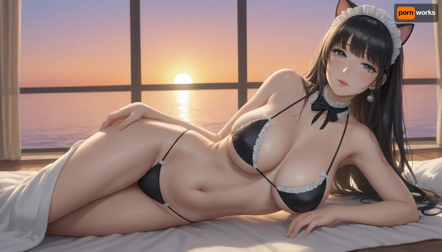 gorgeous woman with super huge tits, gigantic tits, 22 years old, mature, perfect body, super slim body, thin body, straight bangs, long hair, black hair, straight hair, cat ears, black bikini, maid bikini, frill bikini, sunset, beautiful lighting, best quality, 8k resolution, perfect reflections, lying on towel, view from below