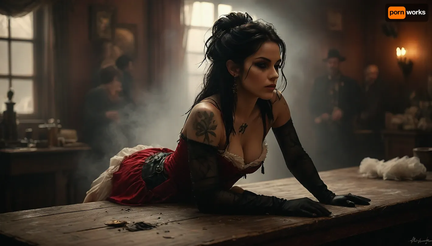 Monochrome, Wild West 1790, a super sexy athletic and flat-chested and very dark skinned Native American woman as Classic French cancan dancer crawling over the table in typical sexy costumes and black long hair, (black pubic hair:1.7), (all over tattoo:1.6), ruffles, garter belts and cancan in a saloon, lifts up her dark red miniskirt, (perfect pussy:1.7), she wears, (sexy cancan outfit:1.3), underneath a red lingerie, (dark red velvet dress with many white petticoats:1.4), (black fishnet stockings:1.4), cowboy boots, perfect face, perfect hands, dangerous aura, dancing on the polished wooden stage of a smoky frontier saloon, (pompom in one hand:1.3), warm golden lamplight, card tables and piano in the background, cowboys and gamblers glancing her way. Sawdust on the floor, haze of cigar smoke in the air, filled with dust and smoke, emphasizing a cinematic, dystopian cowboy atmosphere, art Style & Technique is a dirty old style, Ultra-realistic digital painting with cinematic depth of field. Highly detailed texturing on leather, skin, and hair, dramatic contrast lighting and warm dusty tones, a sharp foreground focus and a slightly blurred background to create depth, masterpiece, best quality, ultra-detailed, cinematic lighting, wild west, smoking weed, cannabis, Ultra-realistic Western art, highly detailed, cinematic moody lighting, tense but charismatic atmosphere., crowd, of, people, Black, and, white, art, black, shading, charcoal, toned, brutal, dark, b/w, color, scheme, <lora:crowd_notrigger:.8>, <lora:MJ52:.8>, <lora:Black and white art.V1:1.5>