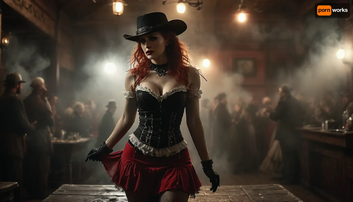 Monochrome, Wild West 1790, a super sexy athletic and flat-chested Classic French cancan dancers on stage in typical sexy costumes and fiery red long hair, ruffles, garter belts and cancan in a saloon, lifts up her dark red miniskirt, she wears, (sexy cancan outfit:1.3), underneath a red lingerie, (dark red velvet dress with many white petticoats:1.4), (black fishnet stockings:1.4), cowboy boots, her dusty black hat is pulled low over her face, perfect face, perfect hands, dangerous aura, dancing on the polished wooden stage of a smoky frontier saloon, (pompom in one hand:1.3), warm golden lamplight, card tables and piano in the background, cowboys and gamblers glancing her way. Sawdust on the floor, haze of cigar smoke in the air, filled with dust and smoke, emphasizing a cinematic, dystopian cowboy atmosphere, art Style & Technique is a dirty old style, Ultra-realistic digital painting with cinematic depth of field. Highly detailed texturing on leather, skin, and hair, dramatic contrast lighting and warm dusty tones, a sharp foreground focus and a slightly blurred background to create depth, masterpiece, best quality, ultra-detailed, cinematic lighting, wild west, smoking weed, cannabis, Ultra-realistic Western art, highly detailed, cinematic moody lighting, tense but charismatic atmosphere., crowd, of, people, FRESHIDEAS, Real, Photography, 2#, Black, and, white, art, black, shading, charcoal, toned, brutal, dark, b/w, color, scheme, <lora:FRESHIDEAS Real Photography 2#:.5>, <lora:crowd_notrigger:.5>, <lora:MJ52:.5>, <lora:Black and white art.V1:1.5>