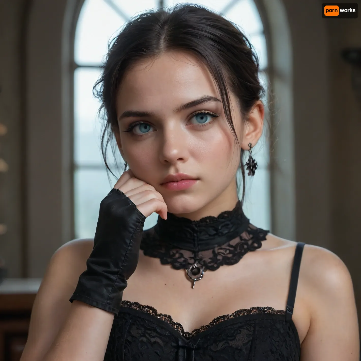 ((masterpiece)), (best quality), ((ultra-detailed)), Photorealism, hyper-detailed realistic skin textures, **, (high definition skin:1.1), (unflinching focus:1.1), (young beautiful girl:1.4), ** Mavis Dracula style, (black gothic lace dress:1.3), (black fingerless gloves:1.2), . **, (Face on:1.5), ** very short straight black hair, big blue eyes, vampire fangs, (bored/goth expression:1.3), .** Gothic castle interior, full moon lighting, high contrast.