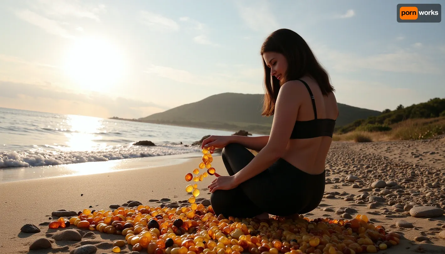 Photorealism, photorealistic, realistic, {woman collecting amber on the Baltic Sea coast}, lifelike, highly detailed, ultra-realistic, cinematic lighting, 8K