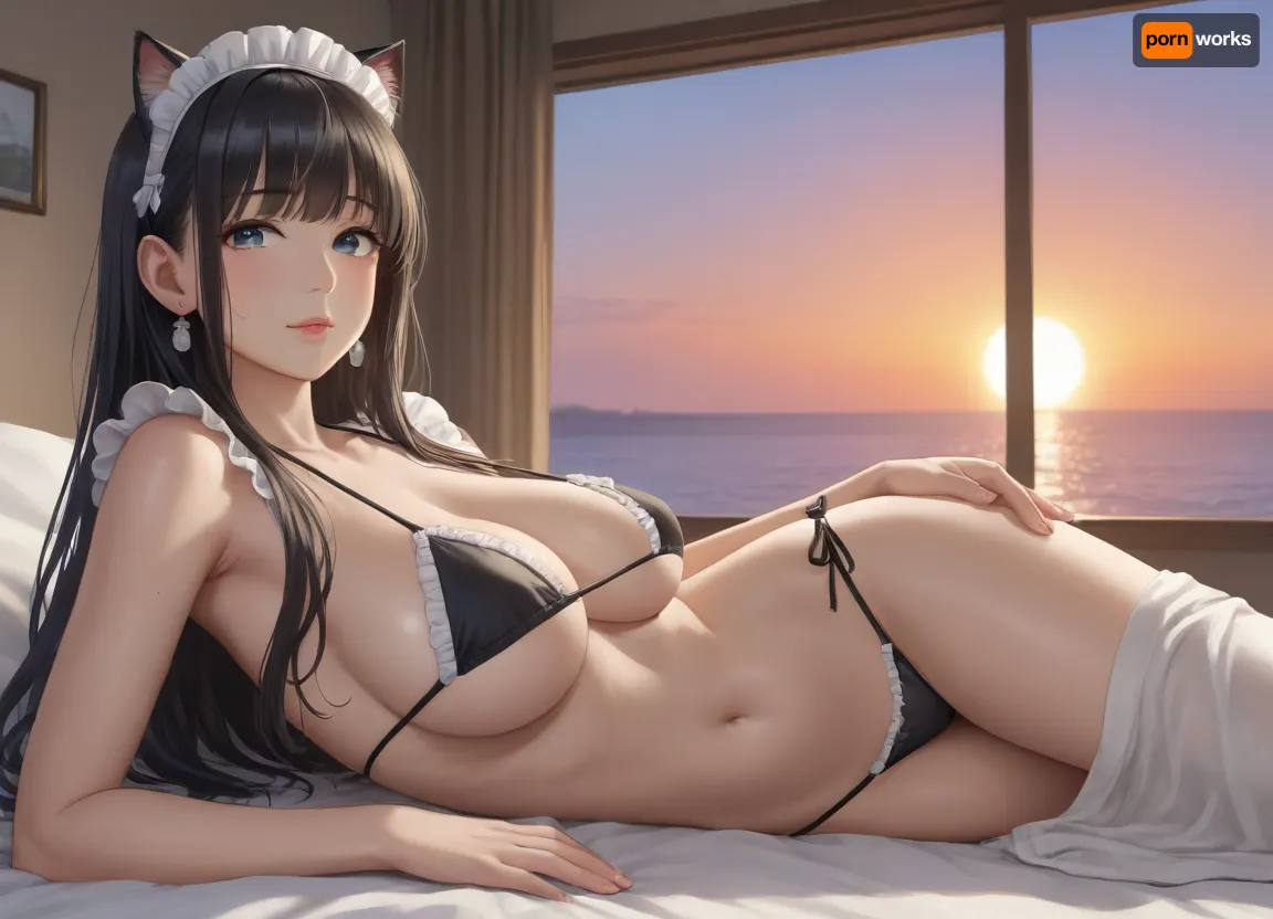 gorgeous woman with super huge tits, gigantic tits, 22 years old, mature, perfect body, super slim body, thin body, straight bangs, long hair, black hair, straight hair, cat ears, black bikini, maid bikini, frill bikini, sunset, beautiful lighting, best quality, 8k resolution, perfect reflections, lying on towel, view from below