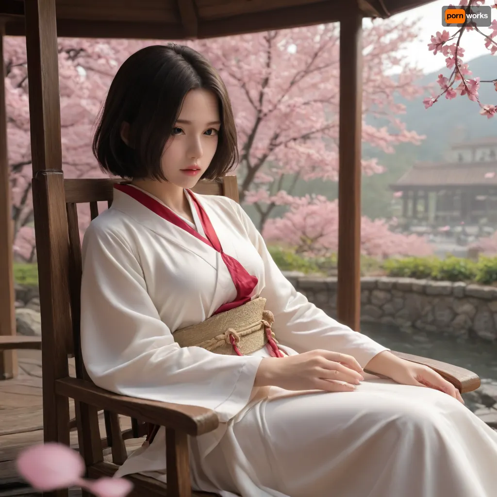 Japanese female warrior with perfect face and body, dark hair, in typical samurai uniform, sitting on an ornate wooden chair in an outdoor Japanese landscape near Mount Fuji during cherry blossom season, pink petals falling gently, with drawn samurai sword in attack-ready position held in her hands, perfect hands, perfect fingers, five fingers per hand, dynamic and elegant pose, highly detailed, realistic style, cinematic lighting, 8k resolution
