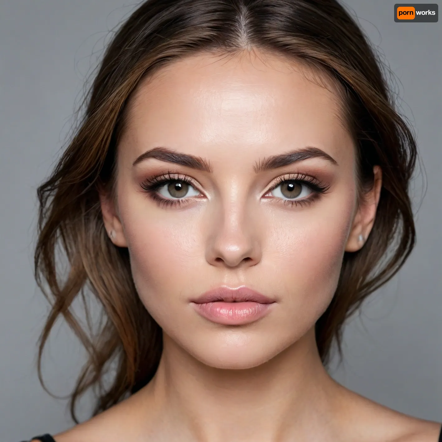 Here is a detailed description of the face in the image provided, suitable for input into an image generator, Facial Features, Overall Impression, A mature, symmetrical face with defined features and professionally applied makeup.
Skin, Fair to light skin tone. Texture appears smooth, likely enhanced by makeup. Some subtle signs of aging around the eyes and forehead, (fine lines), .
Eyes, Almond-shaped, medium-sized eyes with a warm brown iris. The makeup emphasizes the eyes with dark eyeliner on the upper lid and subtle eyeshadow. Well-defined eyebrows with a natural arch, filled in to enhance their shape.
Nose, Medium-sized, straight nose with a slightly rounded tip. The bridge of the nose is well-defined.
Mouth, Medium-sized lips with a natural pink color. The upper lip is slightly thinner than the lower lip.
Cheeks, Defined cheekbones, subtly highlighted with blush to add warmth and contour.
Jawline, A soft, slightly rounded jawline.

Hair, Dark brown, almost black hair is styled in a somewhat formal, semi-updo.
The hair is wavy and pulled back from the face with some loose strands framing the face.