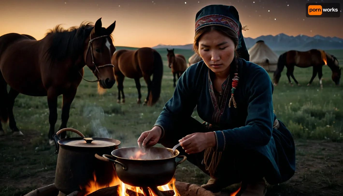 realistic, detailed, (depth of field:1), (young Kyrgyz nomad woman), with perfectly detailed face, wearing Kyrgyz nomad headdress, (cooking over fire, stir in pot:1), (perfect hands), (steppe), (Kyrgyz nomad, yurt-camp), (grazing horses, in somewhat far background:1.4), (dark night:1), somewhat starry sky, (natural light), (perfect shadows), (masterpiece:1), (denoise:.1), <lora:dark:.5>, <lora:add-detail-xl:.9>
