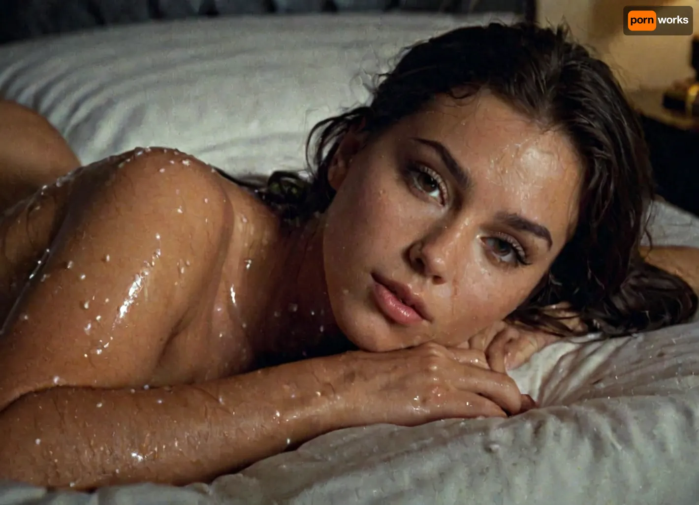 cute young cumbucket lying on the bed, a gallon of cum has recently been poured over all of her body and face, portrait, from side, looking at the cam, taken by professional photographer, cinematic dark lightning, luxury hotel room