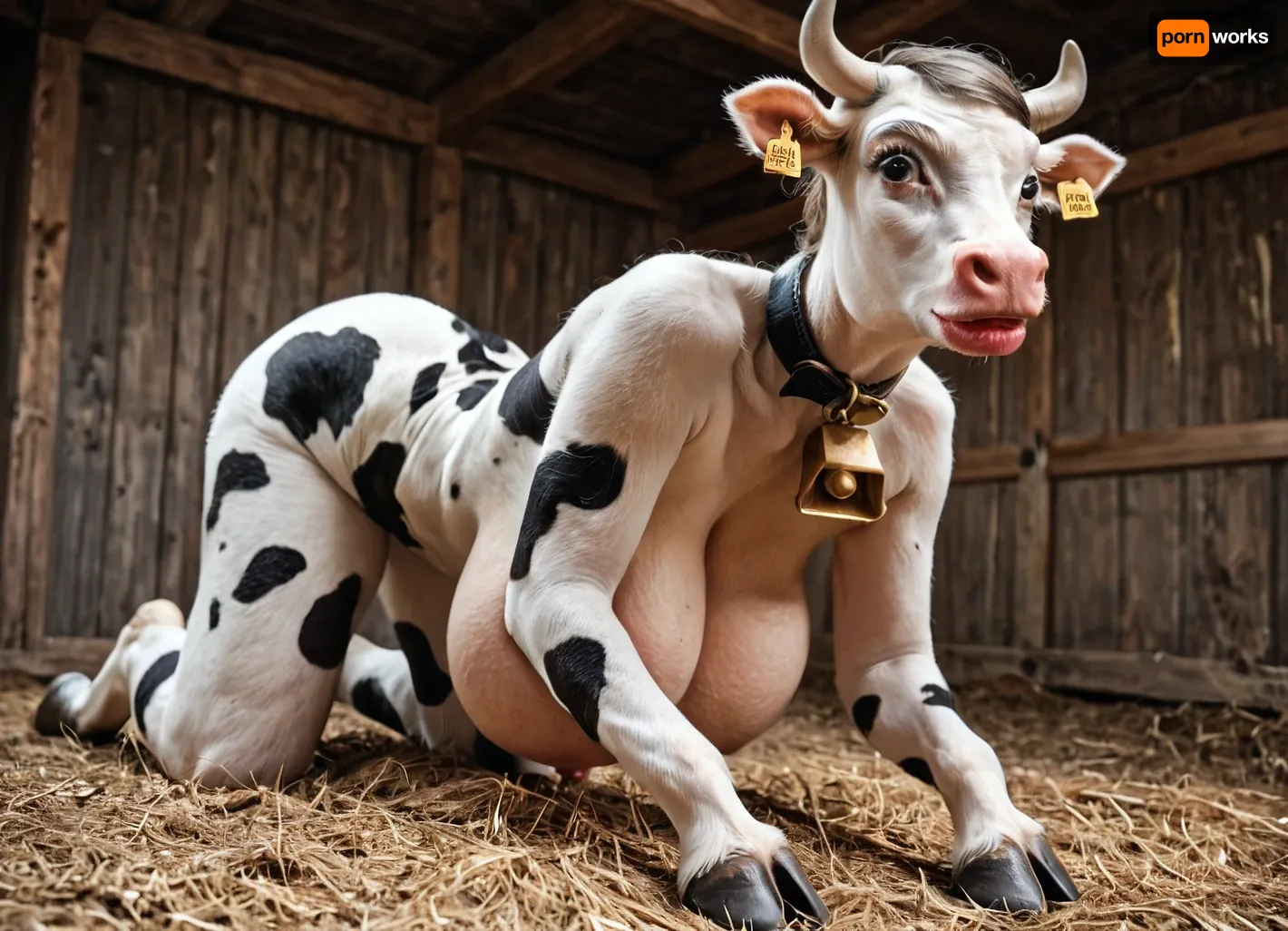 (photorealism:2), 60 yo elderly mature milf, long black bob cut, slim thick waist, (hyper expansion of natural breasts, soft breasts:1.1), (indignation:1.2), sharp face features, narrow face, big eyes, thick lips, wide jaw, wide cheekbones, (anthro cow with hooves for hands and feet), (collar, cow bell), (white body and face with black spots, large black cow spots:1.1), in a stable, on all fours, <lora:SDXL_Human_Male_Furry_Female:.8>, ((front view and view from below, focus on tits))