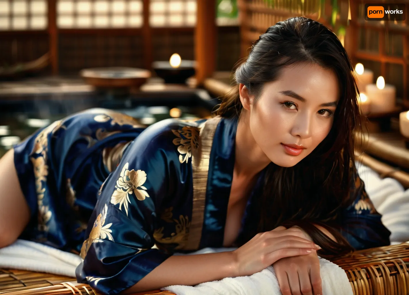 (masterpiece), (highest quality), (extreme detail), photorealistic, 1 girl in a photo shoot, (lying on a rattan mat:.8), young woman, Eurasian woman, heroine, (exquisite appearance), (perfect body proportions), stunningly beautiful facial features, long dark brown hair, loose hair, wet hair, radiant skin, (sweat on skin:.8), (wet kimono:.8), (transparent kimono:.8), dark blue with gold floral pattern, (studio lighting:1.1), (soft light), high sharpness, richness of textures, clear pattern, (natural makeup:1.1), glossy lips, gentle smile, ancient Japanese spa, steam, (steaming water:.8), water in foreground, outside, formal garden in background, candles, massage oil bottles, folded towels beside the spa, (erotic photoshoot:1.5), <lora:CinematicStyle_v1:.8>, <lora:style_lora_realis:.6>, <lora:694486_training_data:.6>