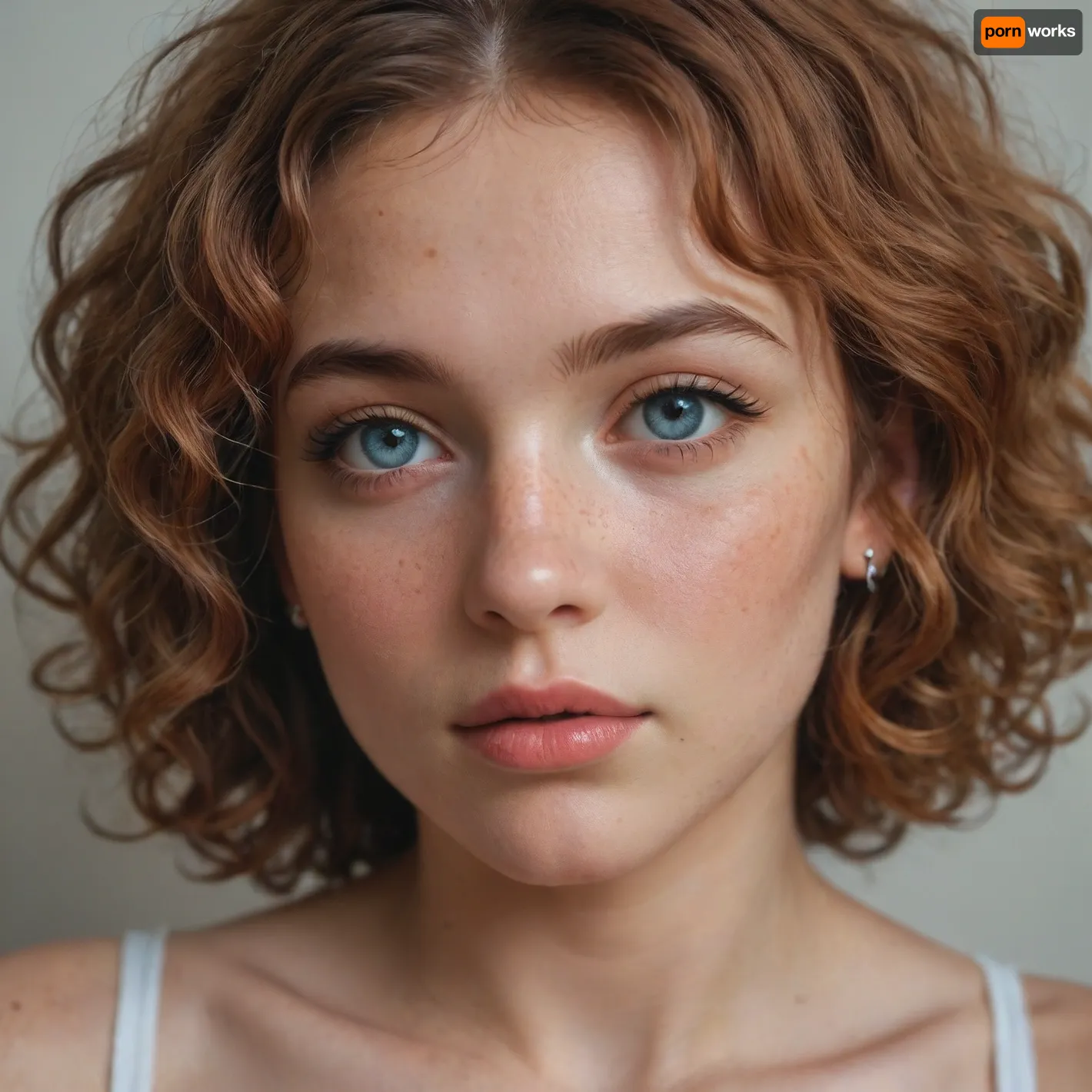 Beautiful, delicate face of a woman, 30 years old, fair skin, slightly freckled, delicate nose, small but full mouth, gentle almond-shaped eyes, curly ginger hair, with drops of cum over her face