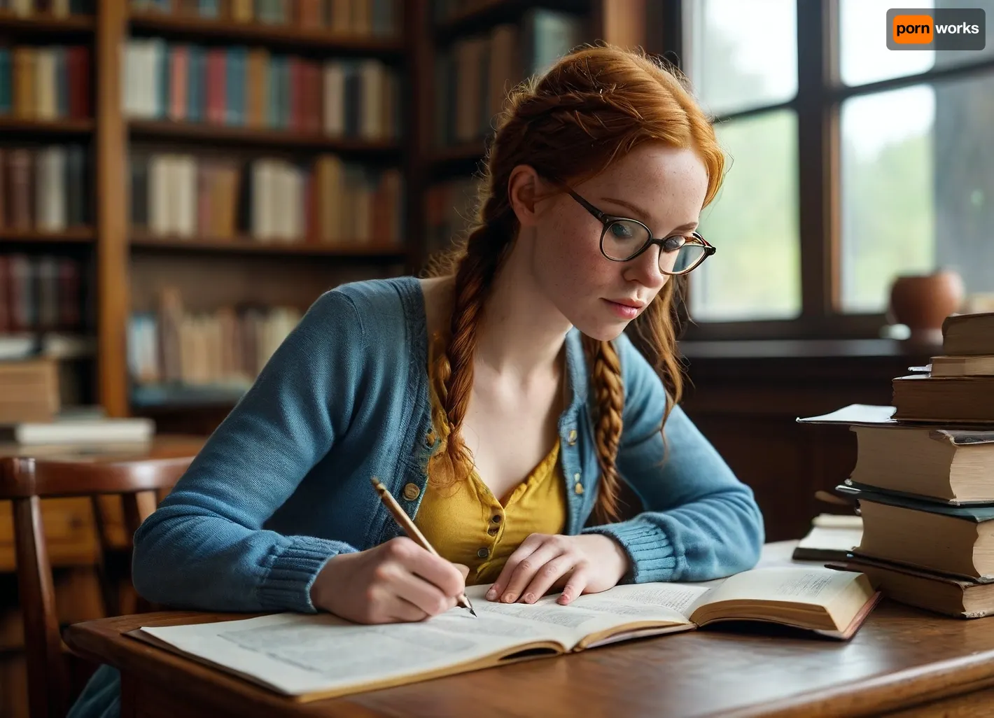 candid photo of a beautiful sexy very petite 33 year old redhead woman, long braided ginger hair, no makeup, freckles, skinny, small breasts, glasses, dressed in blue and yellow, wearing a buttonup blouse and a cardigan, setting is a municipal library, sitting at a large wooden desk, stacks of books on the desk, writing in a ledger, view from side and above, photorealistic, highly detailed, <lora:MJ52:.8>