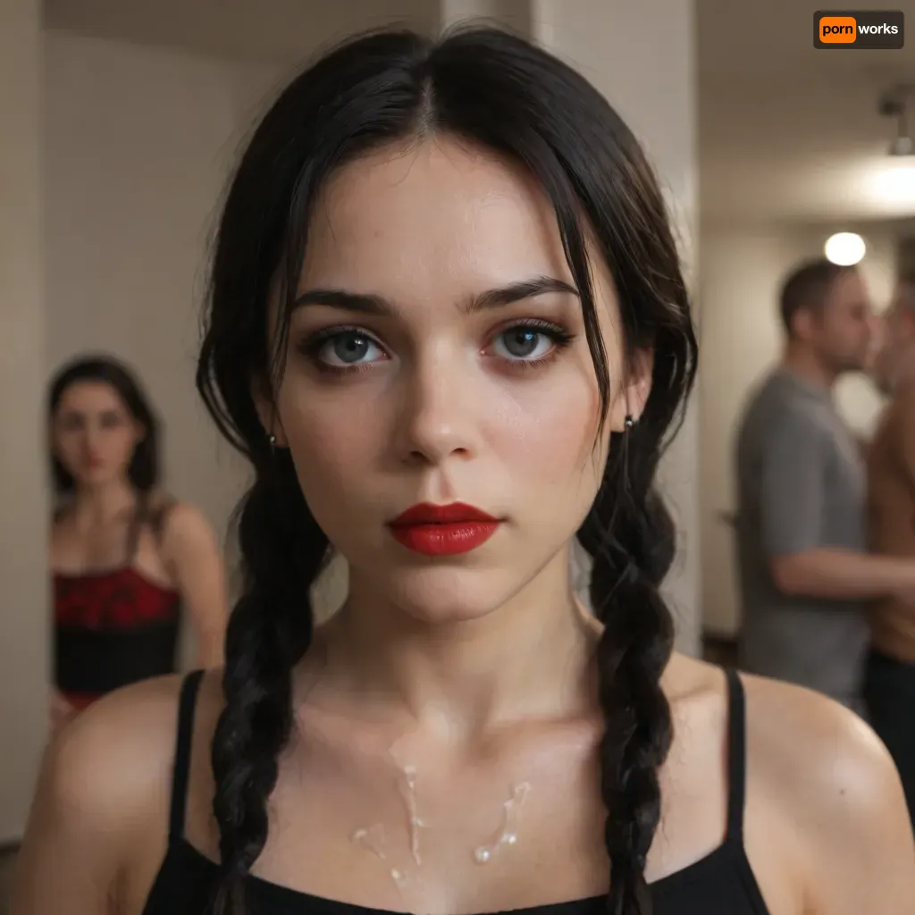 facing camara, 1 girl solo, sppoky moonlight mansion in distance, (intricate detailed Wednesday Addams face), intensely proud expression, (huge dark eyes with detailed black iris:1.2), dark bllod red lipstick detailed high collar buttoned black gothic top, very long very thick black briaded pigtails hair, several strings of thick lumpy white cum splashed across her face, after messy bukkake, several strings of thick lumpy white cum splashed over her hair, cum dripping, high detail, sharp focus, perfect lighting, awesome, dslr, 4k high quality. extra detail, extra sharp, magical, perfect moment, natural skin, pores, w3dn3sd4y, <lora:Wednesday-Jenna SDXL1.0:.8>
