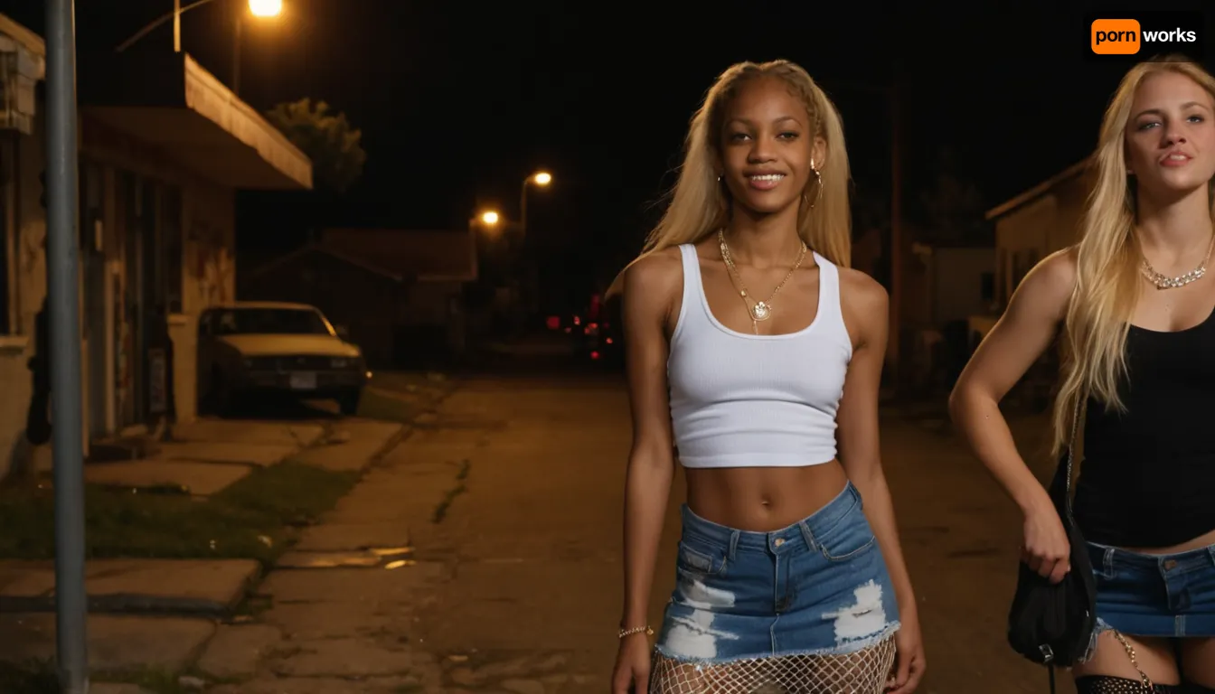 score_9, score_8_up, score_7_up, (raw photo:1.5), (photorealistic:1.5), (35mm film:1.3), (film grain:1.3), (vhs grain:1.2), (cinematic street lighting:1.4), (night time:1.3), (neon signs:1.2), (compton ghetto:1.4), 1girl, (19yo skinny blonde bimbo:1.5), (small perky A-cup tits:1.4), (pokies:1.4), perfect dirty face, (blue eyes:1.3), running mascara, hoop earrings, (long straight platinum hair:1.3), BREAKgroup of 5 young black and latino thugs surrounding her, (baggy jeans:1.3), bandanas, gold chains, snapbacks, (muscular:1.3), girl wearing, (cropped white tank top:1.4), (no bra:1.4), (tiny denim micro skirt:1.5), (fishnet stockings torn:1.3), (fake lashes:1.3), bamboo earrings, girl laughing and flirting, hands on thug shoulders, (one thug grabbing her ass:1.5), (cigarette in mouth:1.3), (abandoned corner store background:1.3), graffiti walls, lowrider impala, hydraulic bounce, street lights flickering, sweat, detailed skin pores, dirty sneakers, cracked sidewalk, (depth of field:1.3), (sharp focus on girl face:1.5), ghetto, ghettostreets, <lora:Ghetto_sdxl_lora:.7>