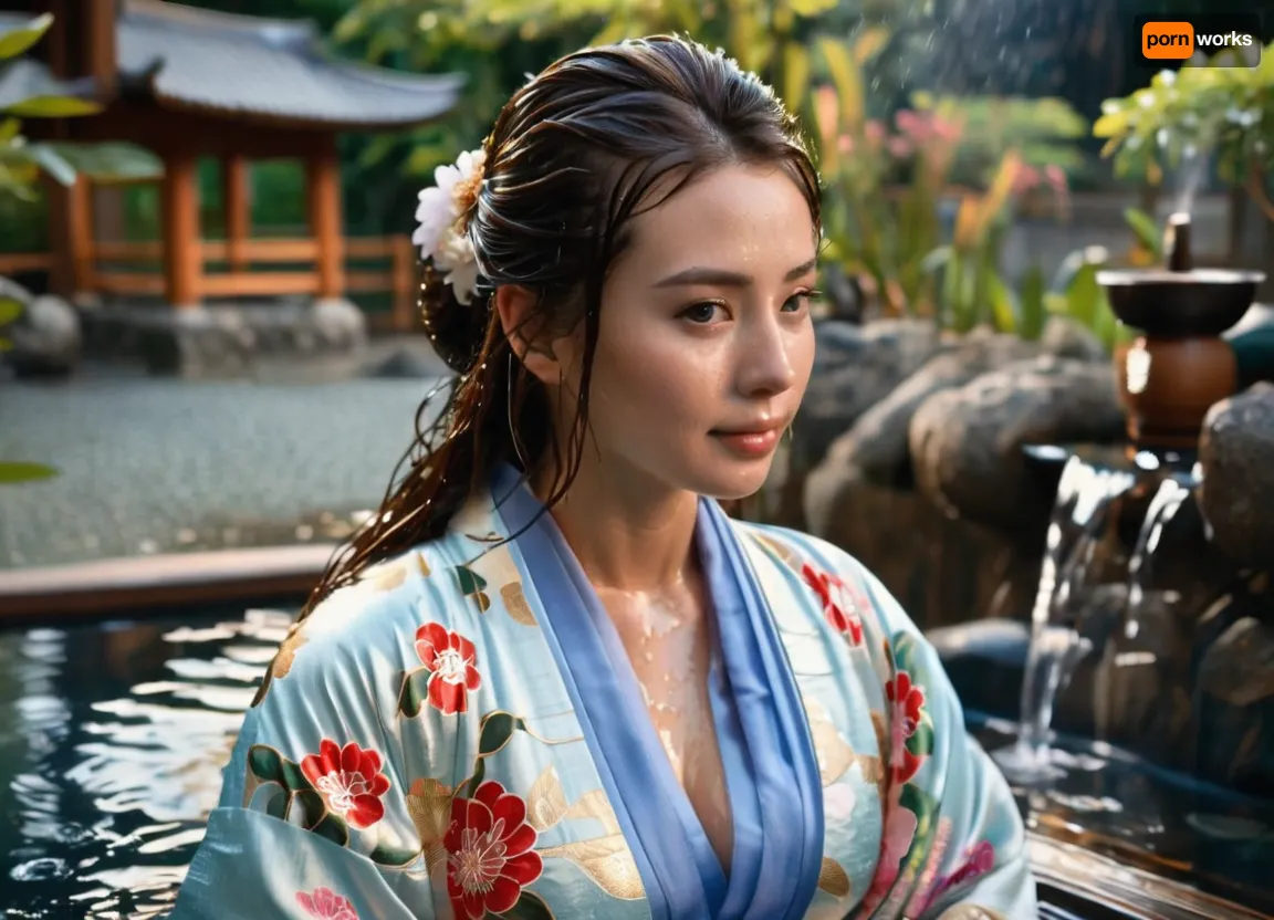 (masterpiece), (highest quality), (extreme detail), photorealistic, (lying and looking back at viewer:1.2), (steaming water:1.1), young woman, Eurasian woman, heroine, (exquisite appearance), (perfect body proportions), stunningly beautiful facial features, long dark brown hair, loose hair, (wet hair:1.4), radiant skin, sweat, (wet kimono:1.4), (transparent kimono:1.6), (Breast and nipples visible through kimono:1), dark blue with gold floral pattern, (studio lighting:1.1), (soft light), high sharpness, richness of textures, clear pattern, (natural makeup:1.1), glossy lips, gentle smile, candles, massage oil bottles, folded towels beside the spa ancient Japanese spa, steam, water in foreground, outside, formal garden in background, Relaxed_Woman, laying, down, <lora:390293_training_data:.8>, <lora:SDXLHighDetail_v6-000005:.8>