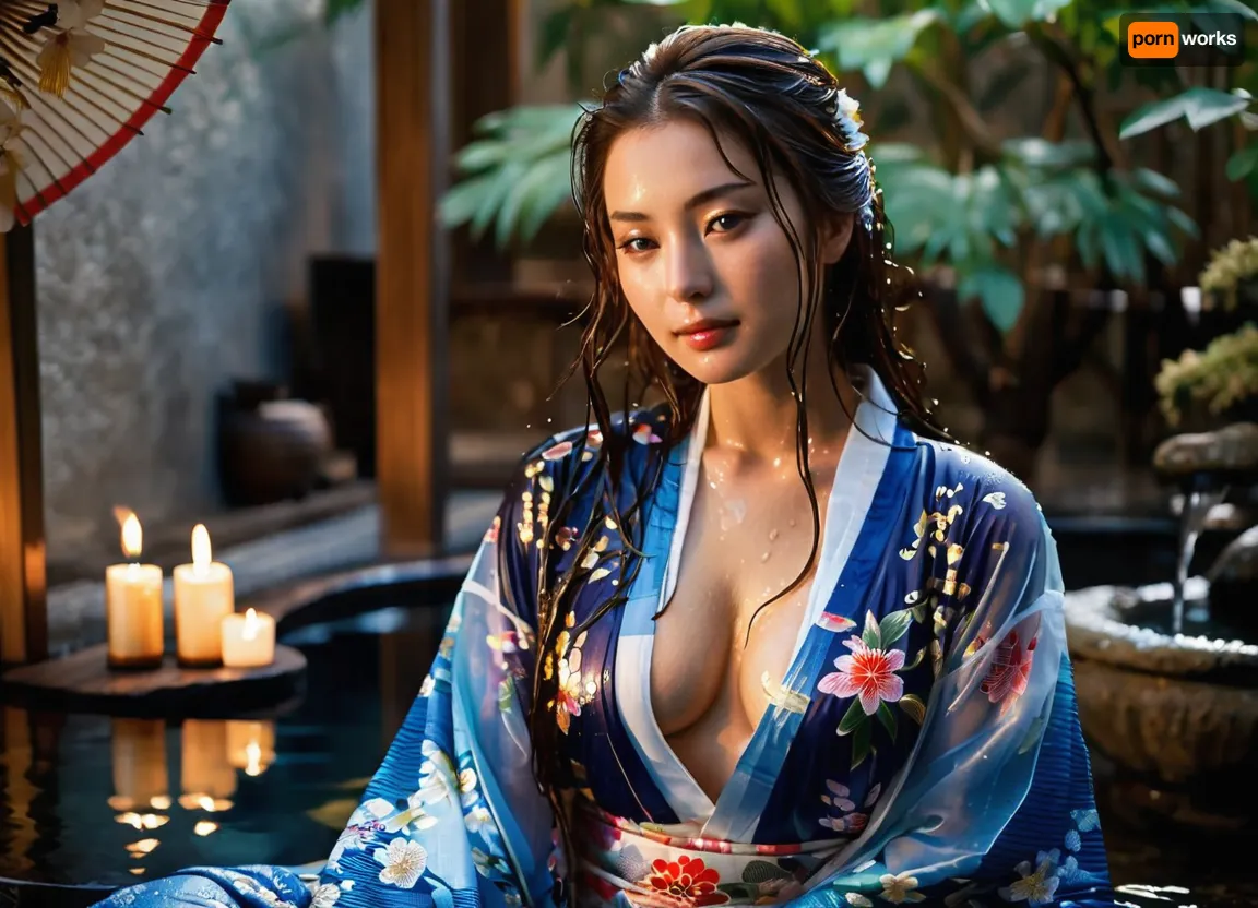 (masterpiece), (highest quality), (extreme detail), photorealistic, 1 girl in a photo shoot, reclining, young woman, Eurasian woman, heroine, (exquisite appearance), (perfect body proportions), stunningly beautiful facial features, long dark brown hair, loose hair, (wet hair:1.4), radiant skin, sweat, (wet kimono:1.4), (transparent kimono:1.6), Breast and nipples just visible through kimono, dark blue with gold floral pattern, (studio lighting:1.1), (soft light), high sharpness, richness of textures, clear pattern, (natural makeup:1.1), glossy lips, gentle smile, ancient Japanese spa, steam, (steaming water:.8), water in foreground, outside, formal garden in background, candles, massage oil bottles, folded towels beside the spa