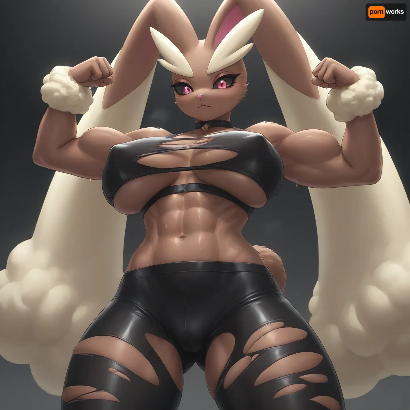giant muscular Lopunny, (Pokemon), flexing in ripped black stockings. giant areolas, covered perky nipples, giant milky boobs, sweaty. Black choker, stretched leather bra, ripped leggings.

worm pov, moody lighting.

anthro bunny lopunny