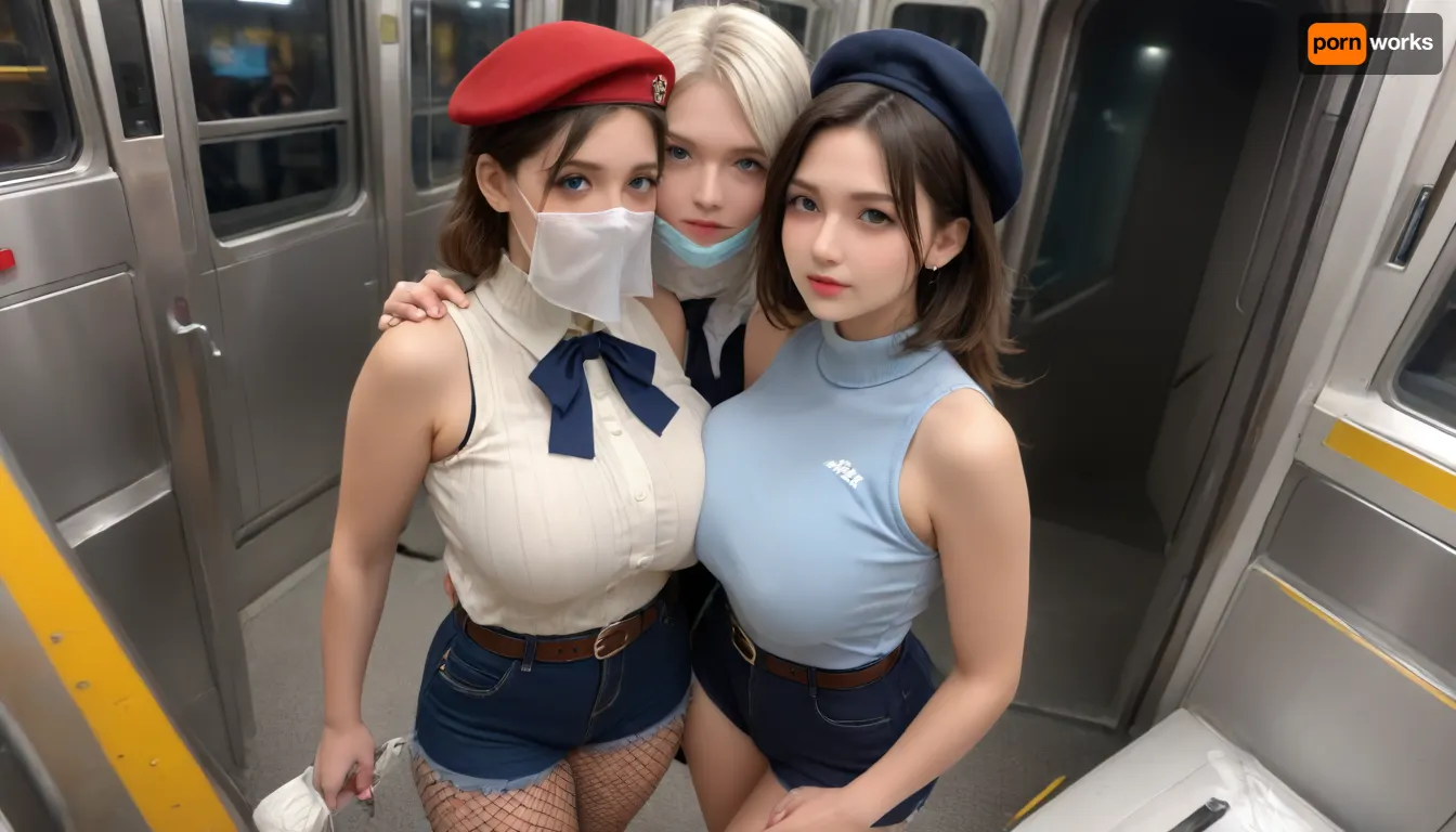 three extremely attractive busty middle eastern train hostess women with name tags on, colossally exaggerated with colored glittery glowing eye makeup, meets the viewer's gaze with enormously horny and excited eyes, colossally aroused women grope and kiss each other all over their bodies while on duty on a passenger train, diamond platform shoes with extremely high narrow stiletto heels, fishnet pantyhose, sexy skimpy train hostess extremely tight bodycon micro shorts with waist belt, train hostess see-through wet sleeveless extremely tight bodycon turtleneck sweater that stretches colossally over the plump low pendulous breasts, face veil, beret shawl, gigantic colossally plump extremely pendulous beefy monster breasts, extremely exaggeratedly micro narrow waist, view from above