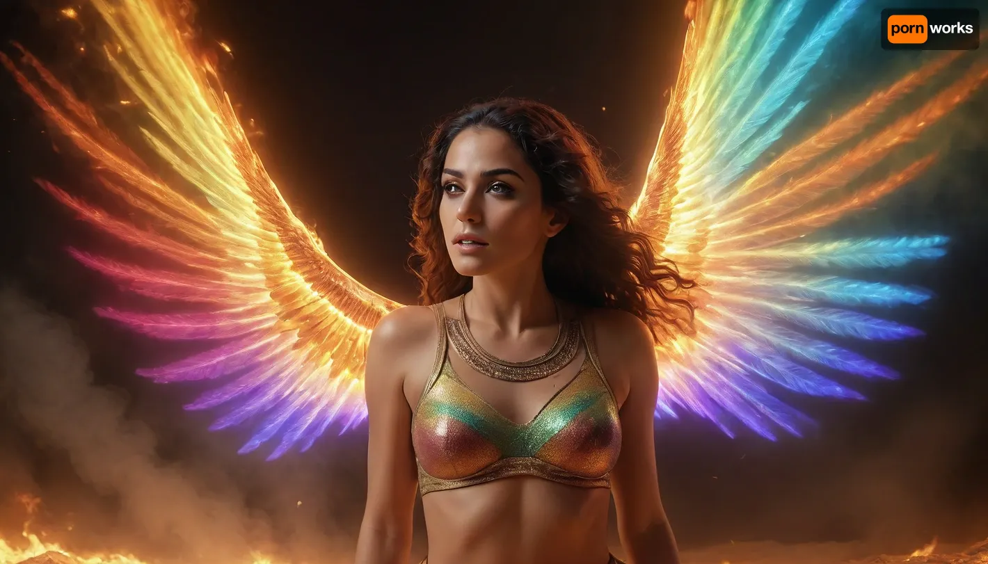 rainbow light, fire, open universe, flying 33 year old dark concentrated egyptian women preist