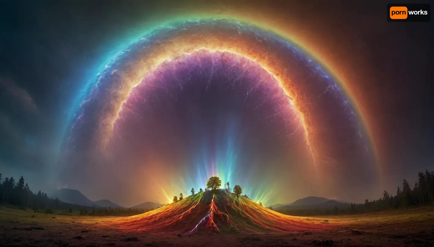 (mycelium network), hmiracle, rainbow light circeled in open universe, orbit, rainbow storm, rainbow fire, rainbow air, rainbow earth