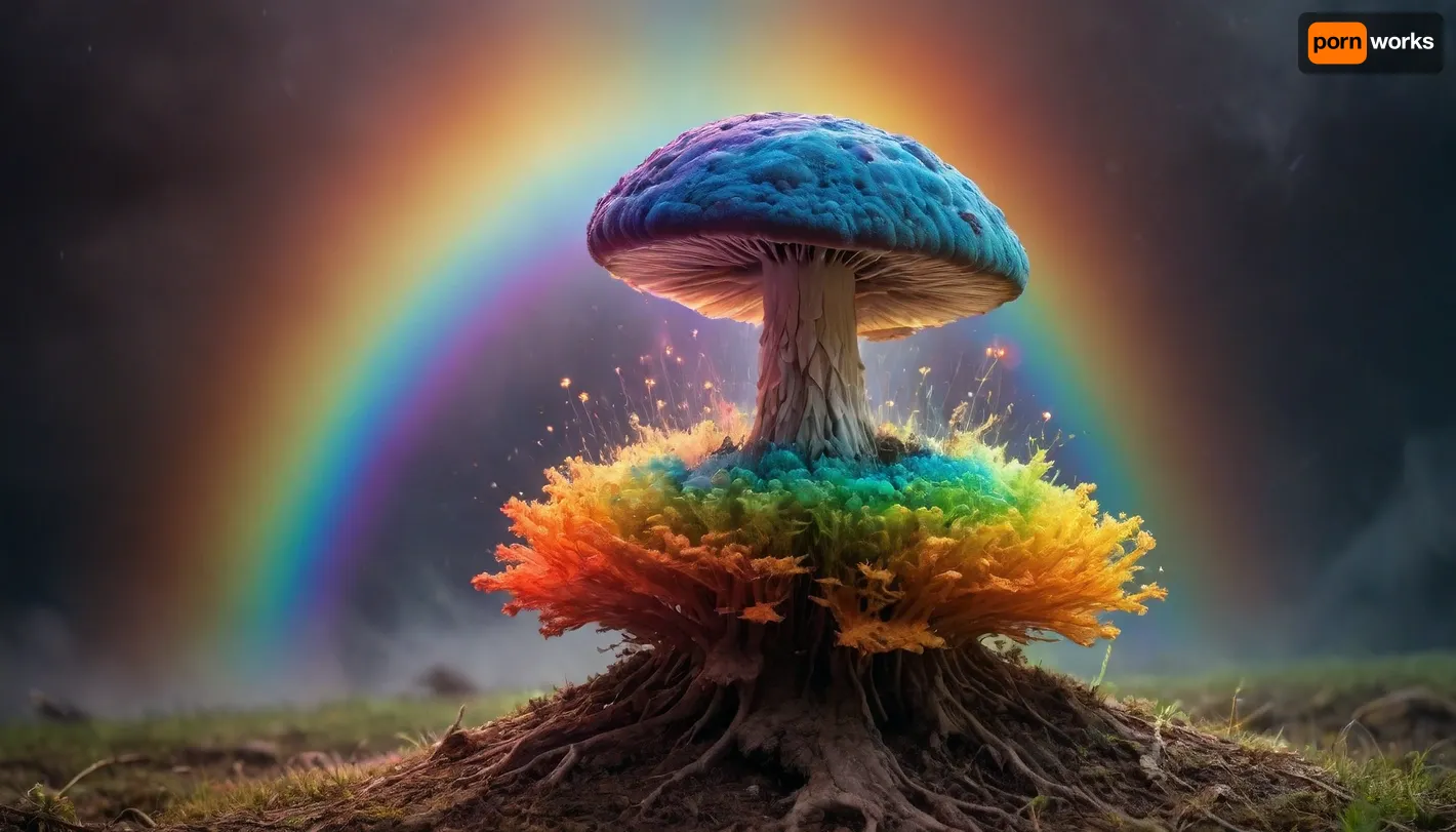(mycelium), miracle, rainbow light circeled in open universe, orbit, rainbow storm, rainbow fire, rainbow air, rainbow earth