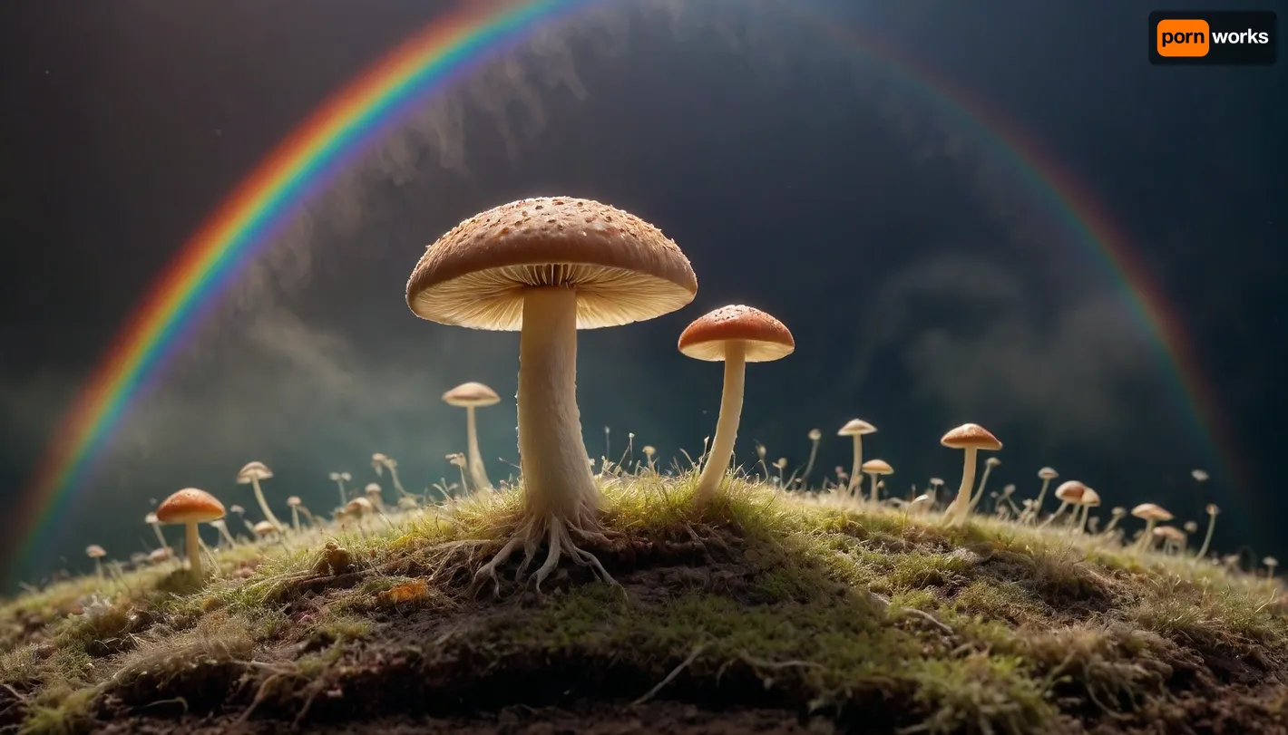microscope, (mycelium, mushroom storm), miracle, rainbow light circeled in open universe, orbit, rainbow storm, rainbow fire, rainbow air, rainbow earth