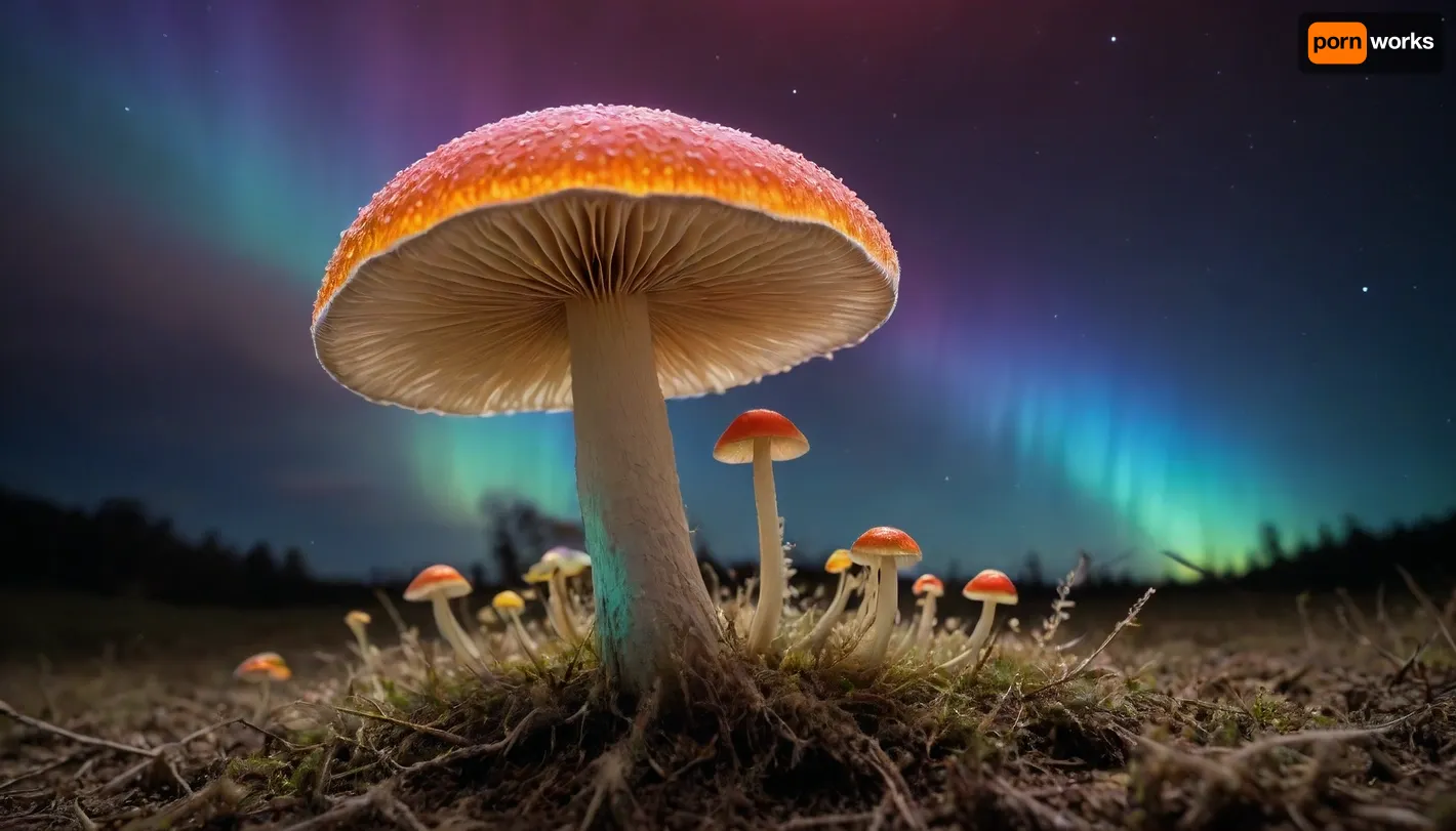 look to microscope, (glowing mycelium, mushroom storm), miracle, rainbow light circeled in open universe, orbit, rainbow storm, rainbow fire, rainbow air, rainbow earth