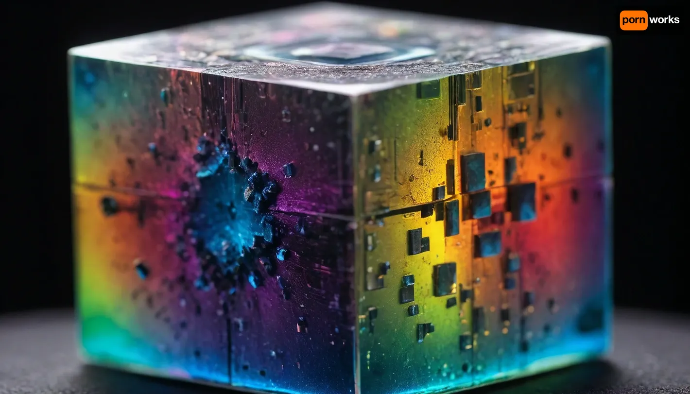 microscope macro zoom, (glowing cube), miracle, rainbow light circeled in open universe, orbit, rainbow storm, rainbow fire, rainbow air, rainbow earth