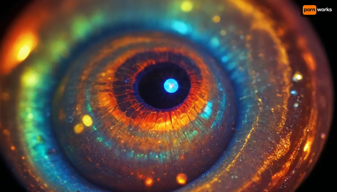 microscope macro zoom, (glowing fire opal), miracle, rainbow light circeled in open universe, orbit, rainbow storm, rainbow fire, rainbow air, rainbow earth