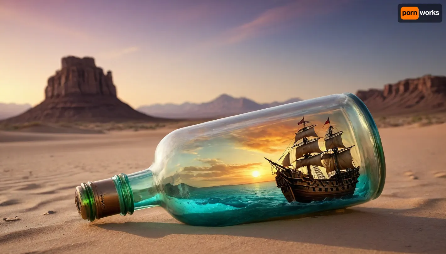 (Large glass bottle with a pirate ship on rough seas inside:1.3), (the bottle sits in a barren and desolate Desert landscape:1.4), distant mountains, colorful sunset, detailxl