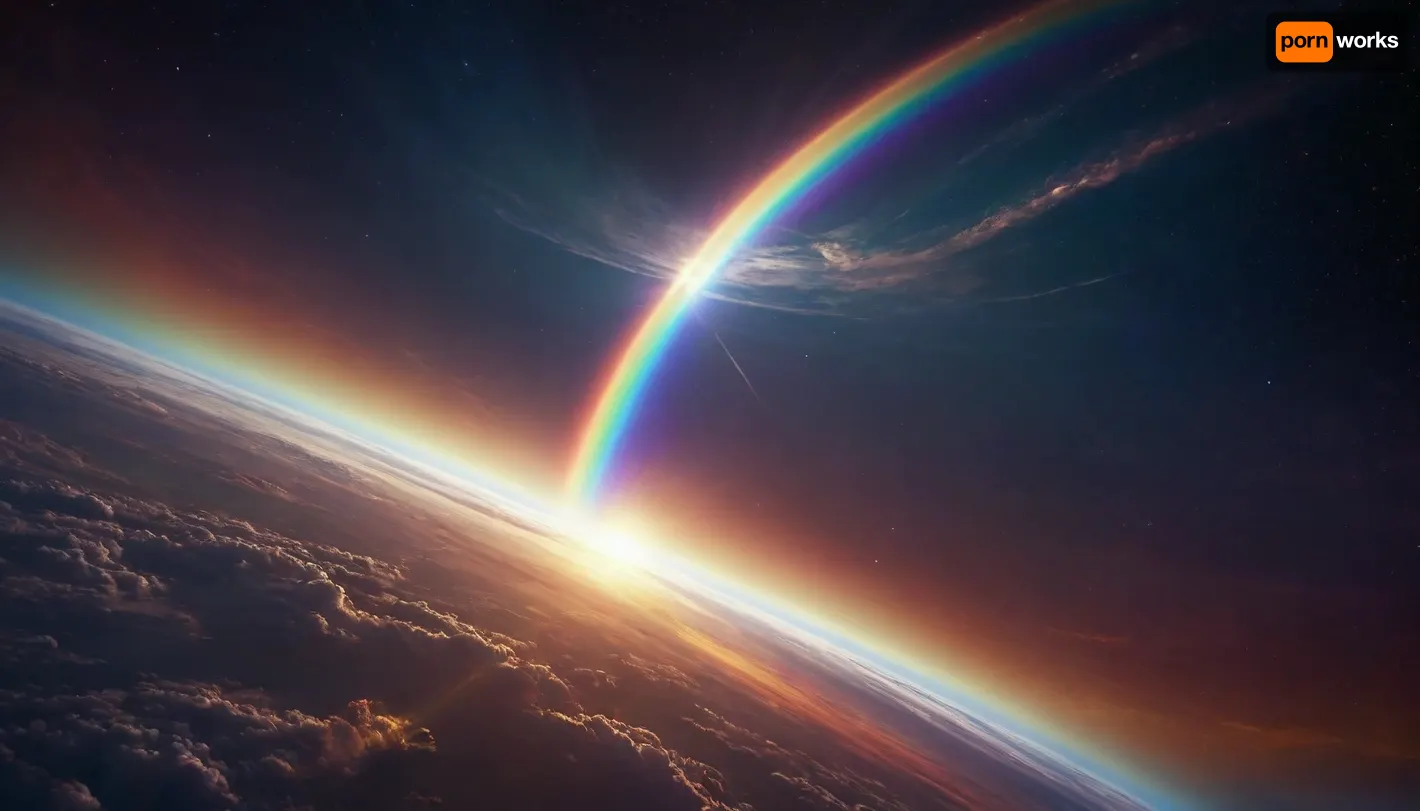 (orbit of eart), hmiracle, rainbow light circeled in open universe, orbit, rainbow storm, rainbow fire, rainbow air, rainbow earth