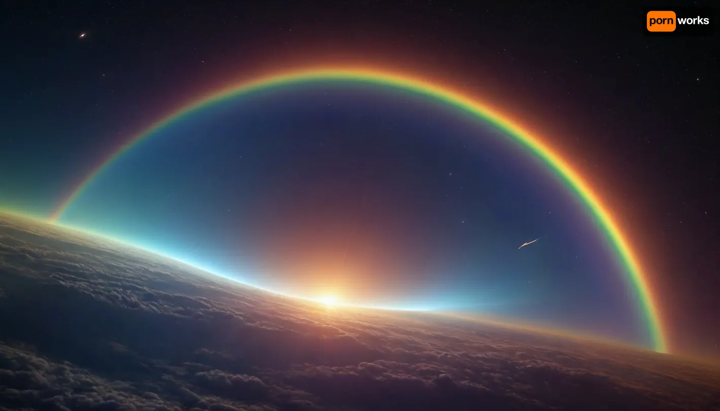 (orbit of eart), hmiracle, rainbow light circeled in open universe, orbit, rainbow storm, rainbow fire, rainbow air, rainbow earth