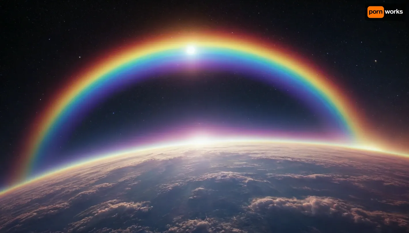 (orbit of eart), hmiracle, rainbow light circeled in open universe, orbit, rainbow storm, rainbow fire, rainbow air, rainbow earth