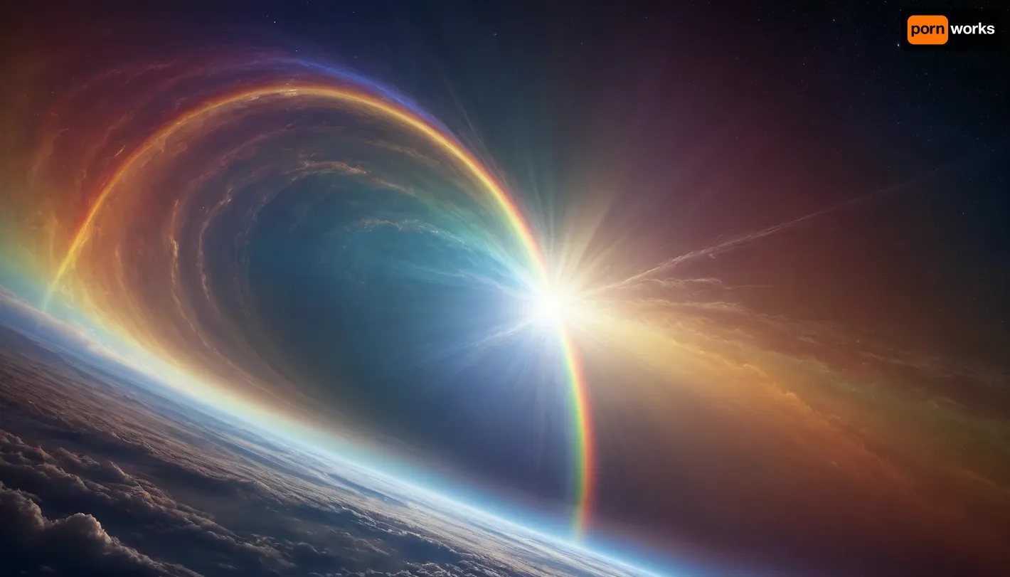 (orbit of eart), hmiracle, rainbow light circeled in open universe, orbit, rainbow storm, rainbow fire, rainbow air, rainbow earth