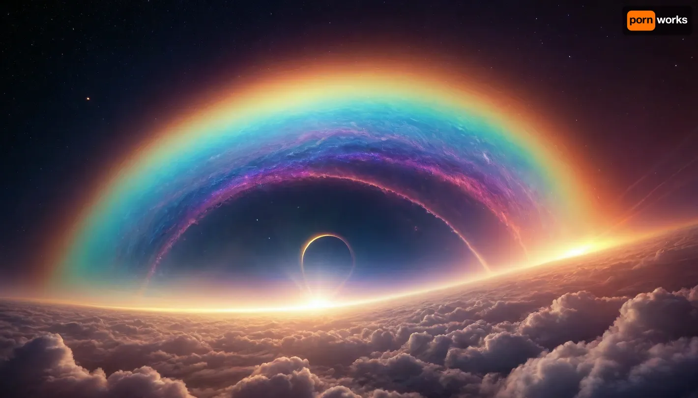 (orbit of eart), hmiracle, rainbow light circeled in open universe, orbit, rainbow storm, rainbow fire, rainbow air, rainbow earth