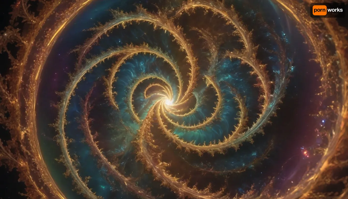 4d microscope macro zoom, (glowing swirl fractal of stars), miracle, rainbow light gold web in open universe, orbit, rainbow fire, rainbow air, rainbow earth