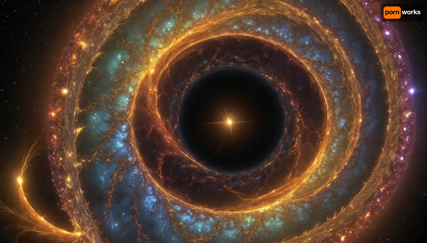 4d microscope macro zoom, eclipse, (glowing swirl fractal of stars), miracle, rainbow light gold web in open universe, orbit, rainbow fire, rainbow air, rainbow earth