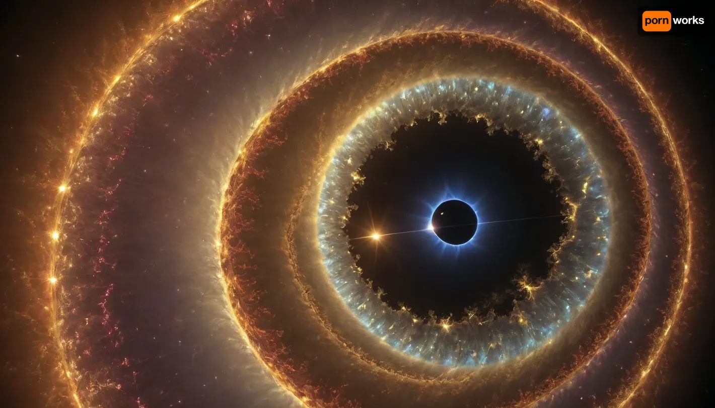 4d microscope macro zoom, eclipse, (glowing swirl fractal of stars), miracle, rainbow light gold web in open universe, orbit, rainbow fire, rainbow air, rainbow earth